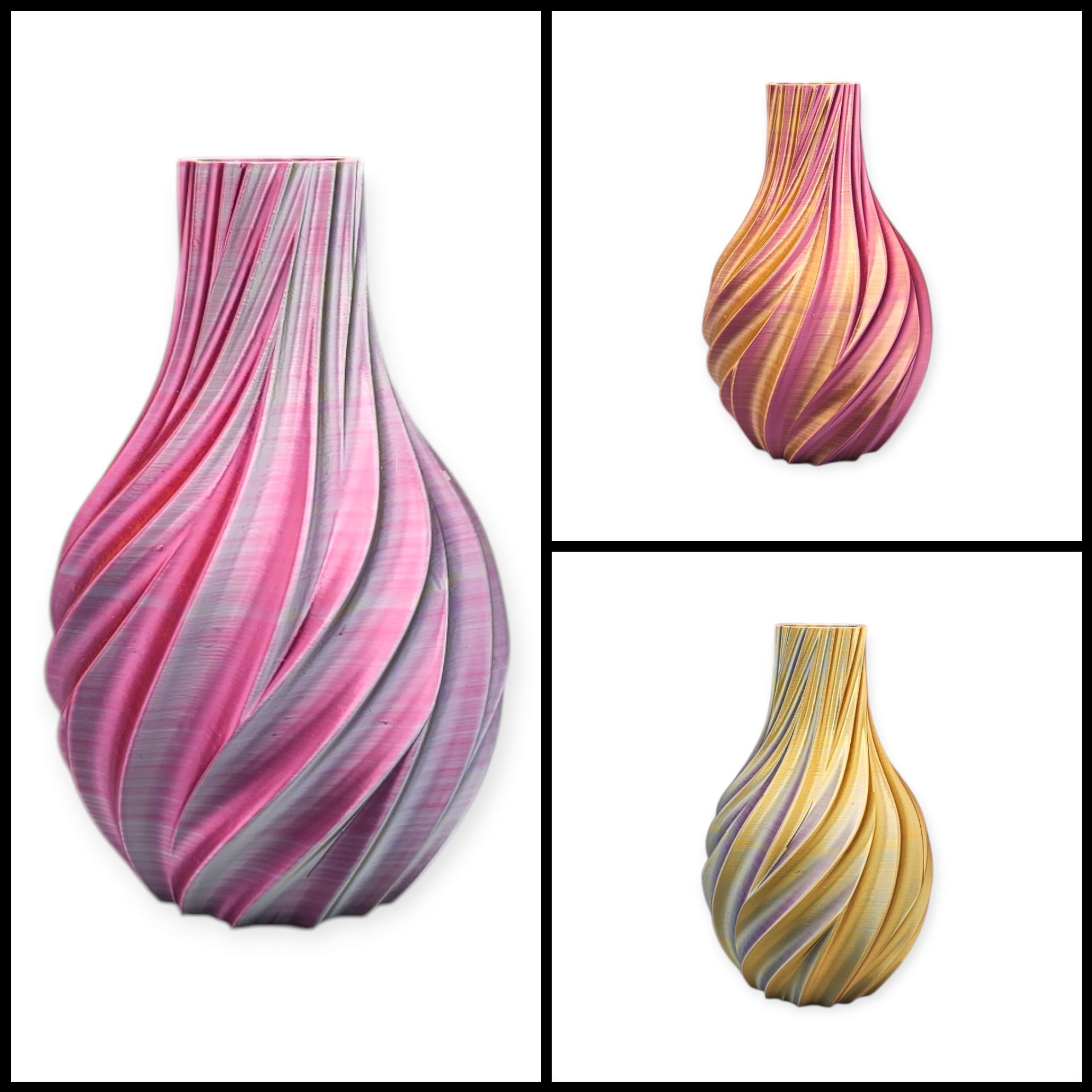 Een collage met drie vazen met spiraalvormige textuur in verschillende meerkleurige kleurschakeringen: roze-zilver, roze-goud en goud.