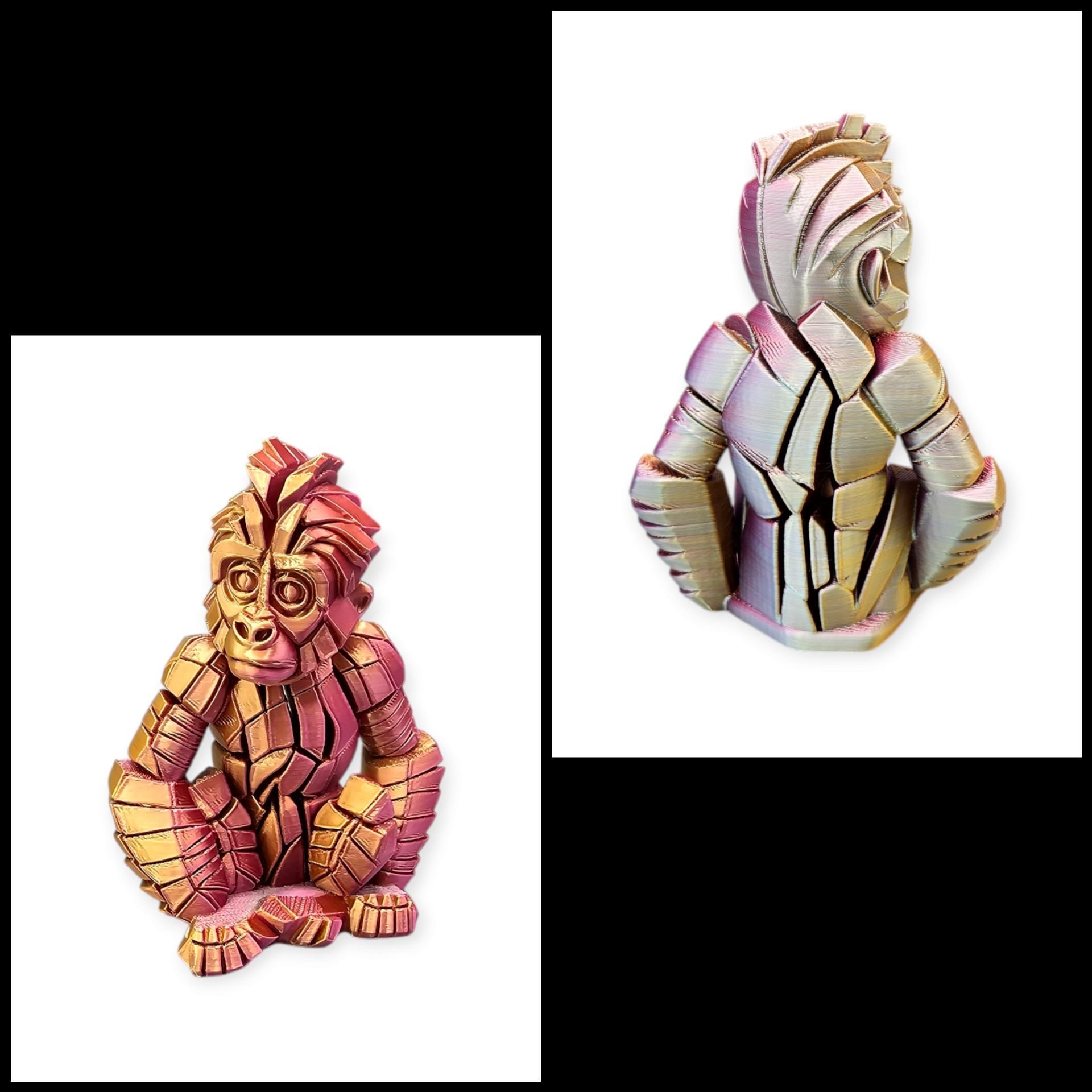 Twee foto's van een geometrisch, low-poly apenfiguurtje in glinsterende, iriserende roze en gouden tinten.