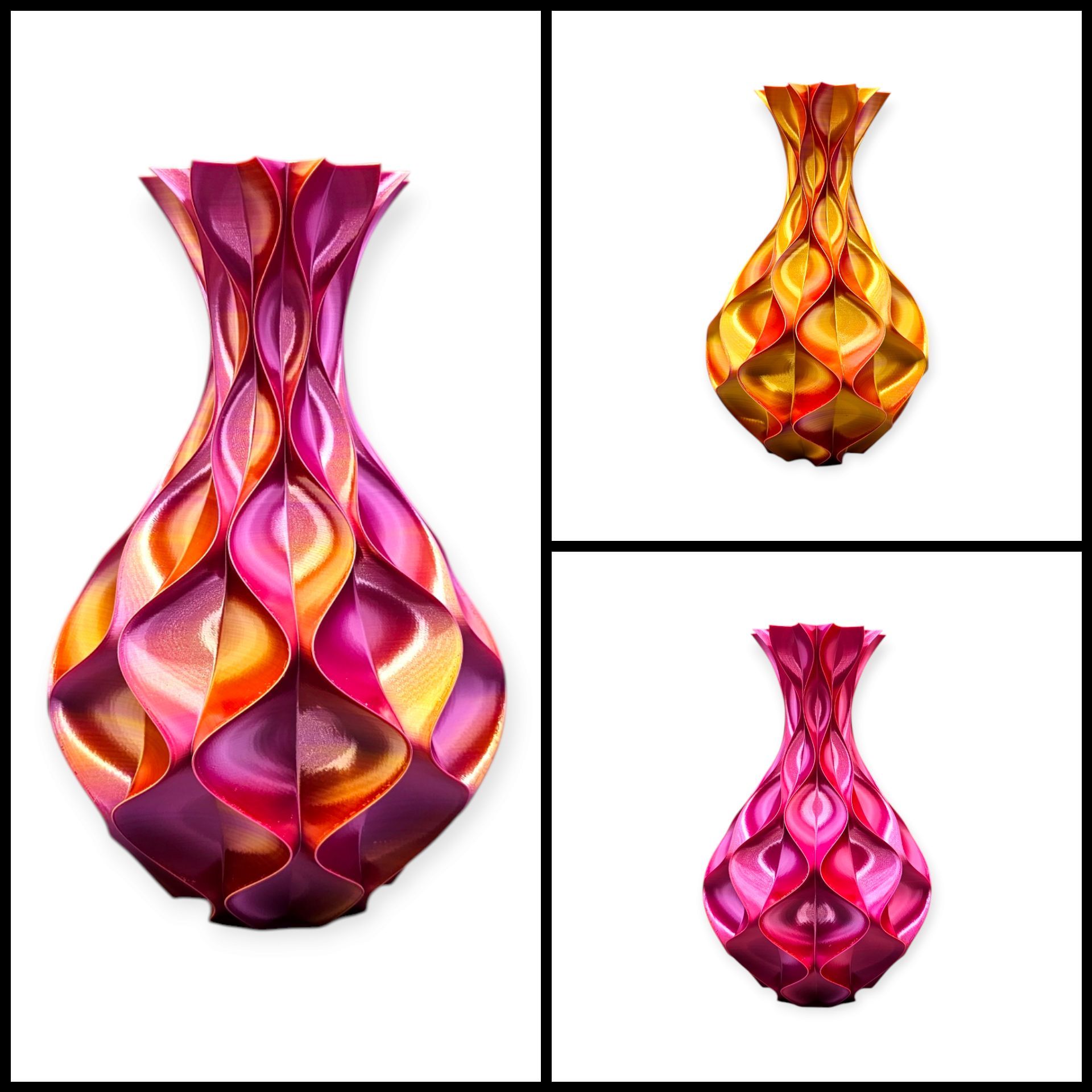 Drie vazen met een herhalend, driedimensionaal golfpatroon in verlopende tinten magenta, oranje en goud.
