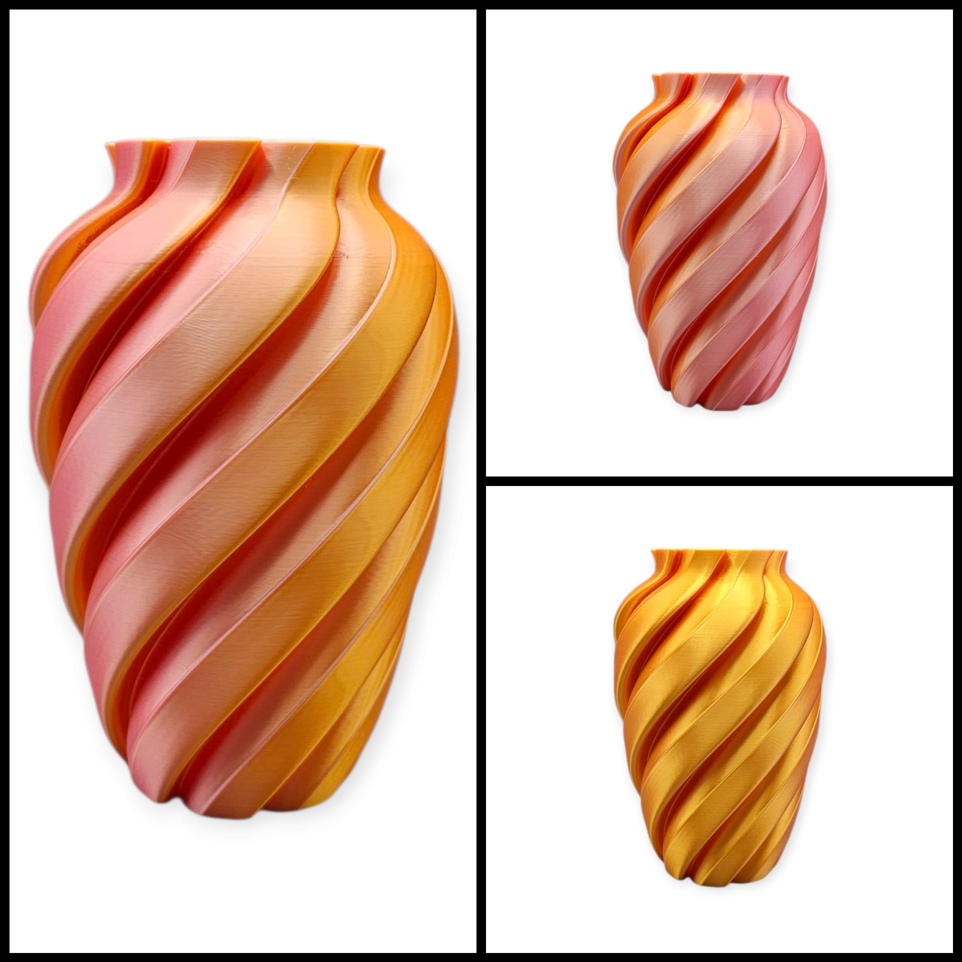 Een collage met drie 3D-geprinte vazen met spiraalvormige ribben in kleurverlopen van roze, oranje en goud.