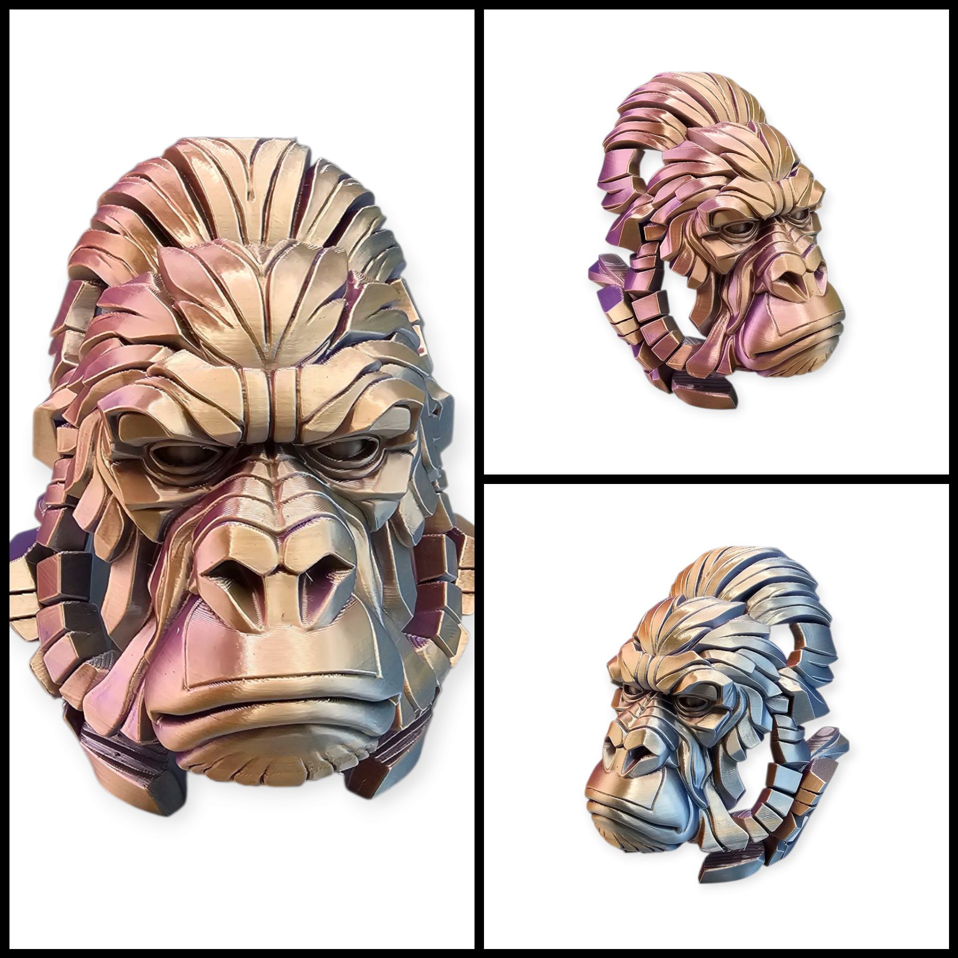 Drie aanzichten van een metalen, gestileerde gorilla-kopsculptuur met een bronskleurige tot paarse iriserende afwerking.