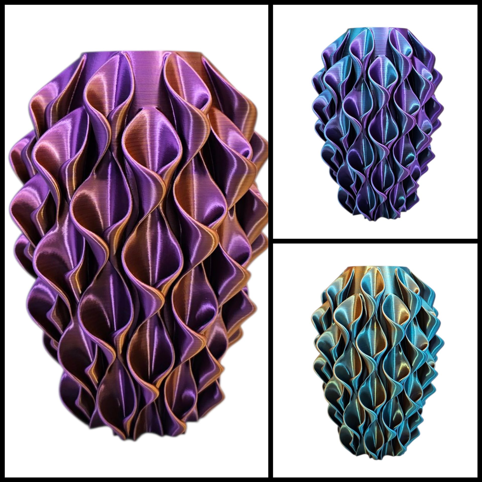 Drie 3D-geprinte vazen met een gegolfd, verticaal bladachtig patroon in iriserend paarsgoud, blauwpaars en blauwgoud.