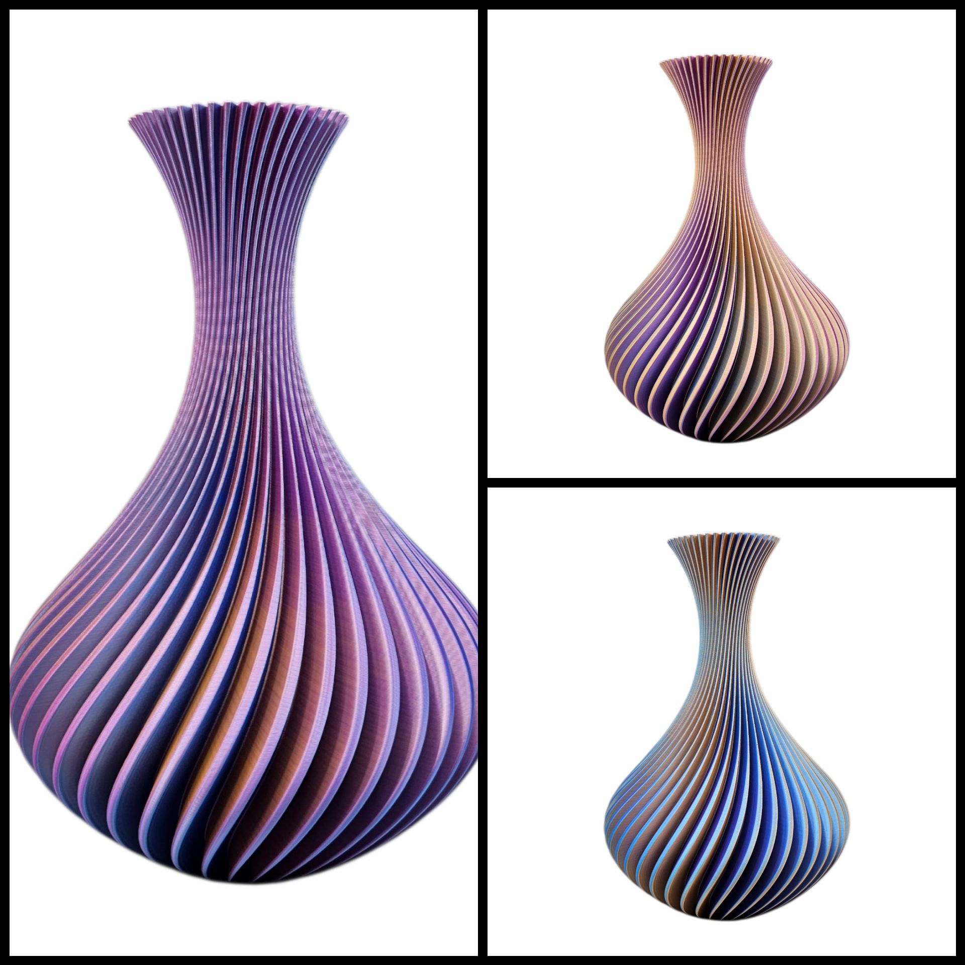 Drie gestileerde, 3D-geprinte vazen ​​met spiraalvormige ribbels in iriserende paarse, gouden en blauwe kleurschakeringen.