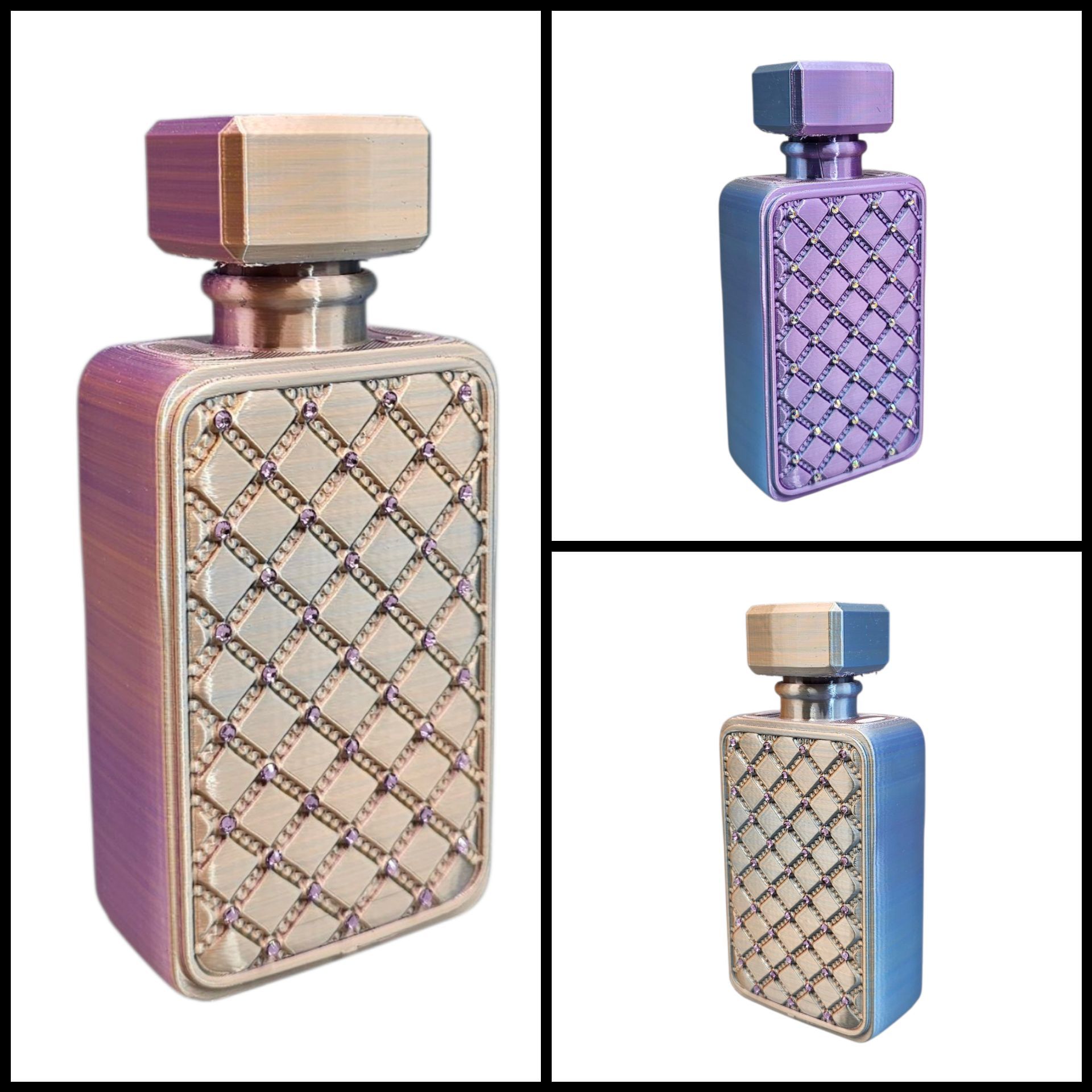 Een collage met drie iriserende, rechthoekige parfumflesjes met een gewatteerd patroon en metalen dopjes.
