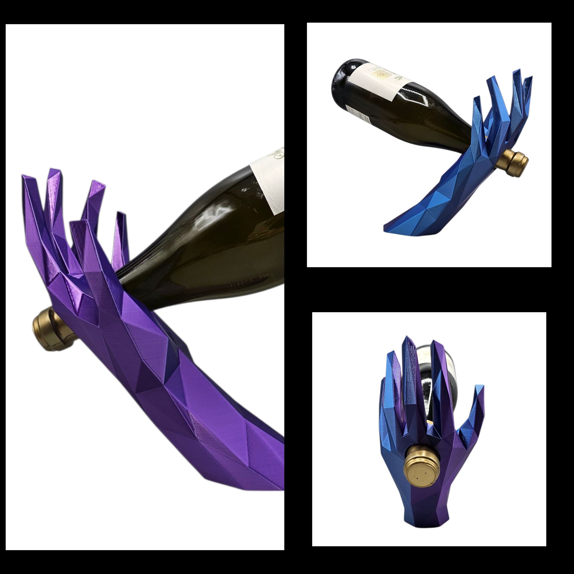 Een wijnfleshouder in low-poly kunststijl, vormgegeven als een hand, uitgevoerd in paars en blauw, die een fles schuin vasthoudt.