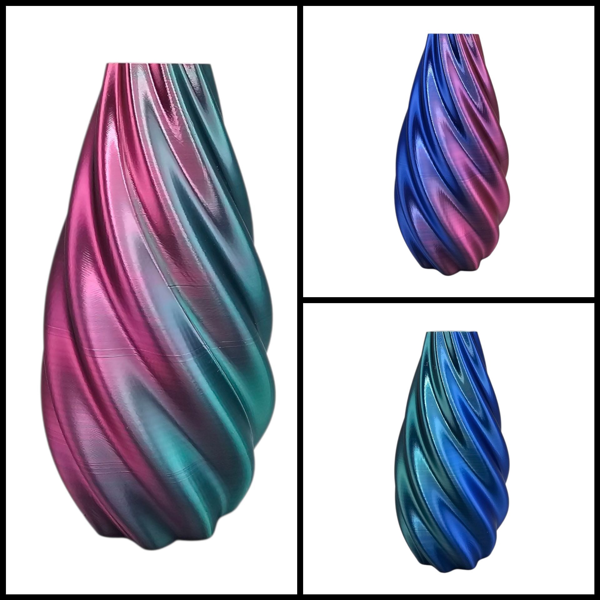 Drie spiraalvormige vazen ​​met metallic, kleurveranderende gradaties van roze, paars en blauw.
