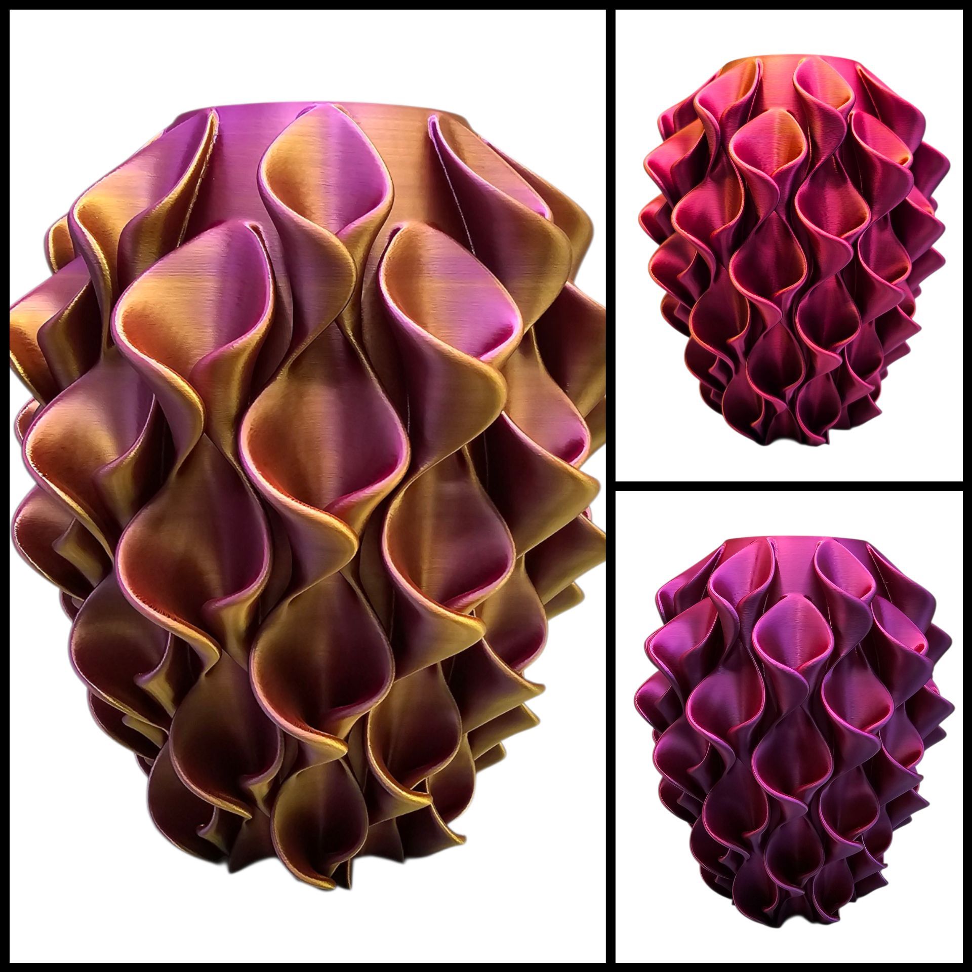 Een collage met drie aanzichten van een 3D-geprinte vaas met een herhalende, gegolfde, organische textuur in een paars-gouden kleurverloop.