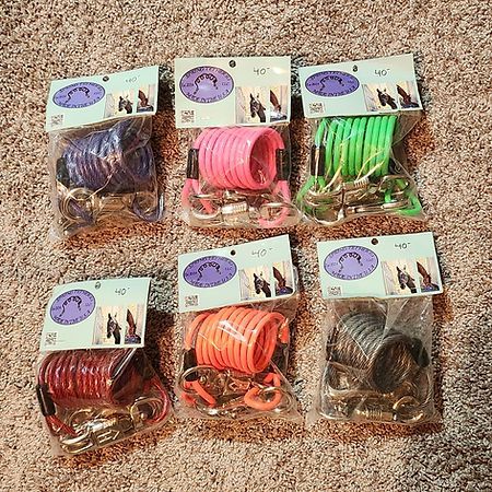Six coiled, multi-colored dog leashes with silver clasps in clear plastic packaging, arranged on a beige carpet.
