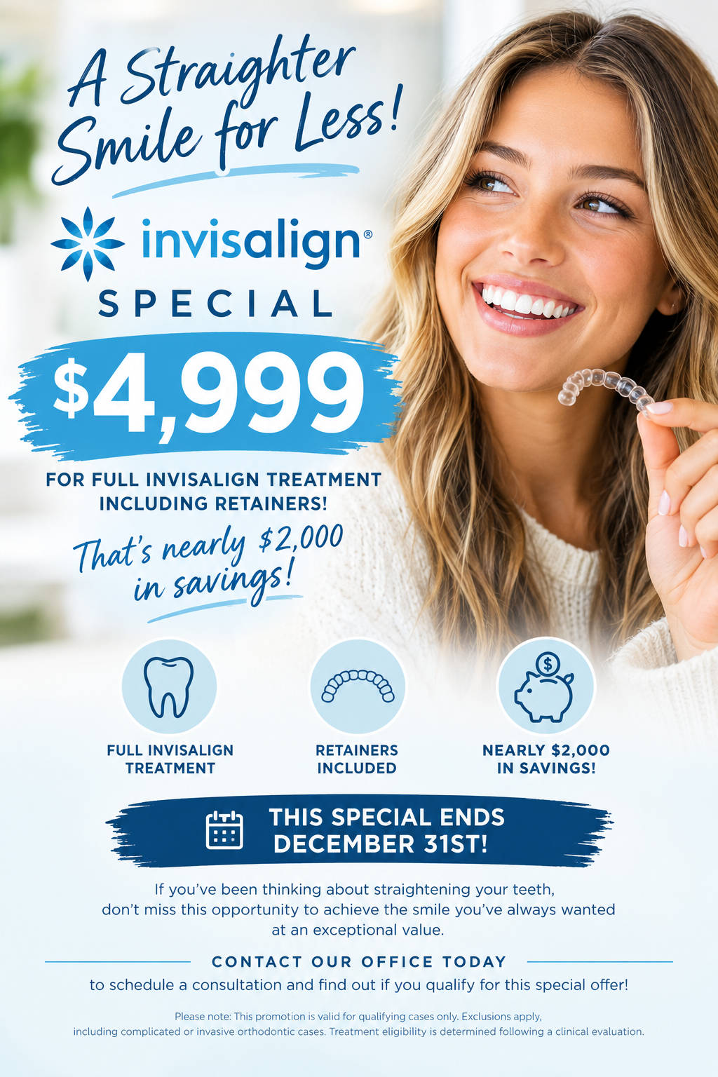 Orthodontic ad with smiling woman and $4,999 Invisalign special on a blue background