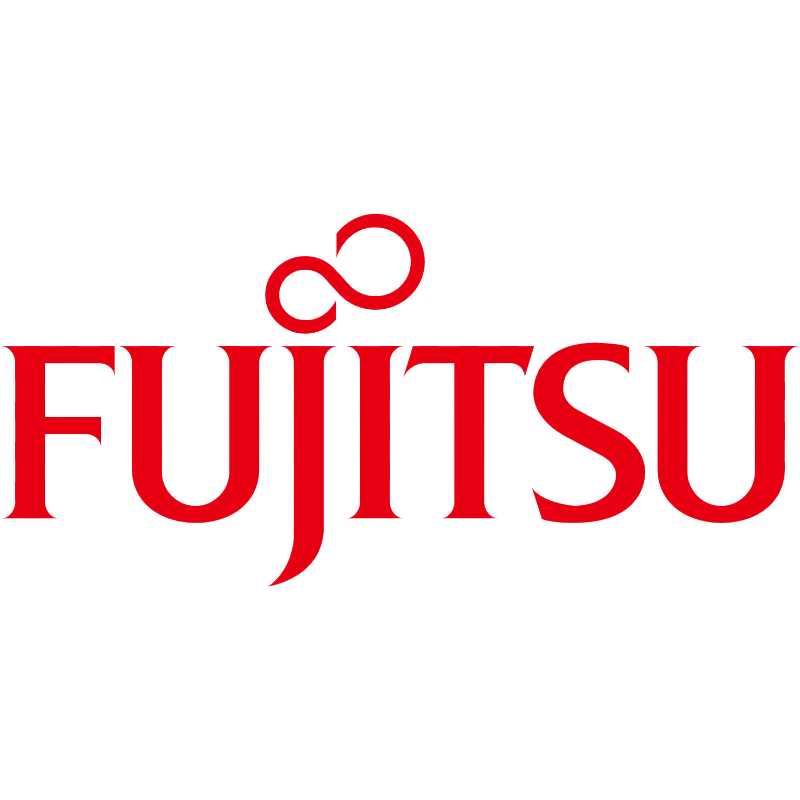Logo Fujitsu: testo e simbolo rossi su sfondo bianco.
