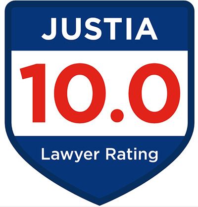 A blue and white badge that says justia 10.0 lawyer rating.