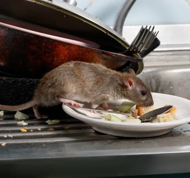 Rat eating food scraps on a dirty plate in a cluttered kitchen sink.
