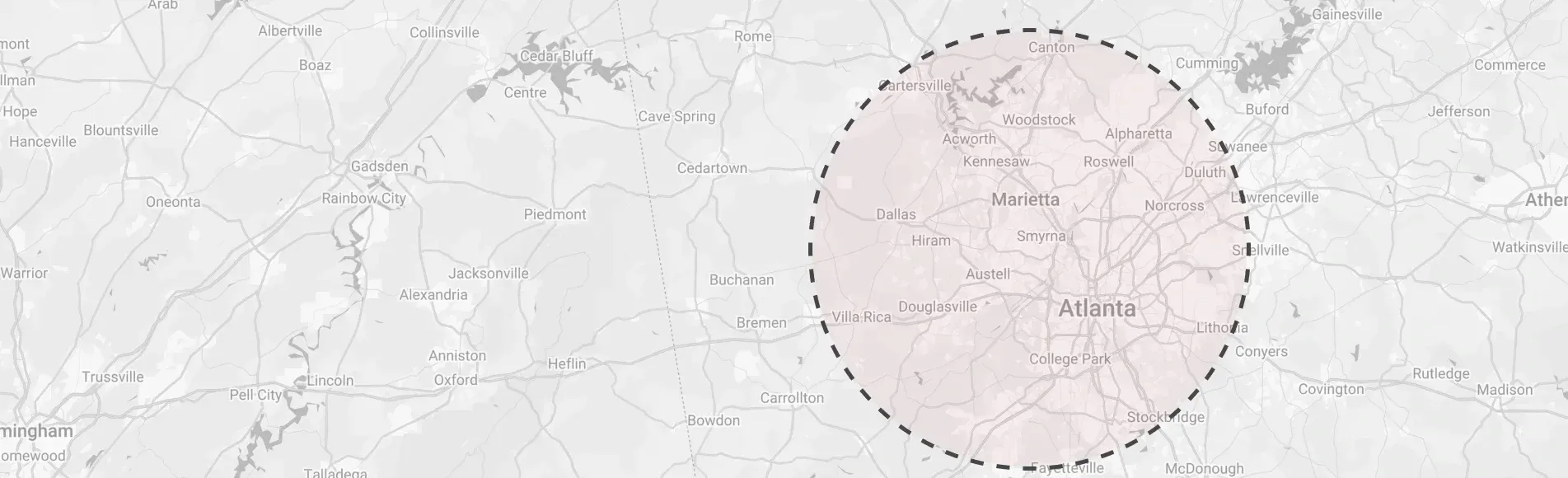 Map of an area with a dashed circle marking a specific region.