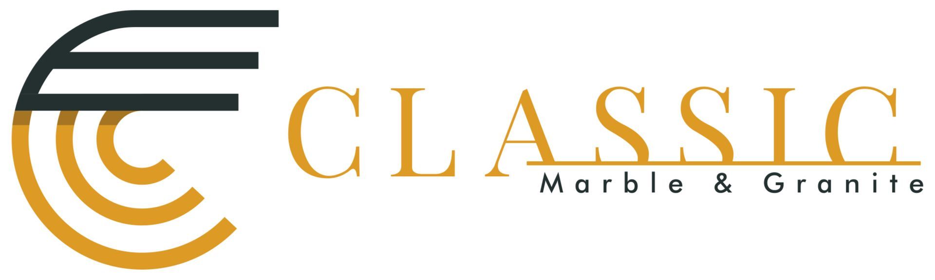 Classic Marble & Granite logo in gold and black with stylized curved stripes.