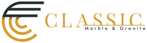 Classic Marble & Granite logo in gold and black with stylized curved stripes.