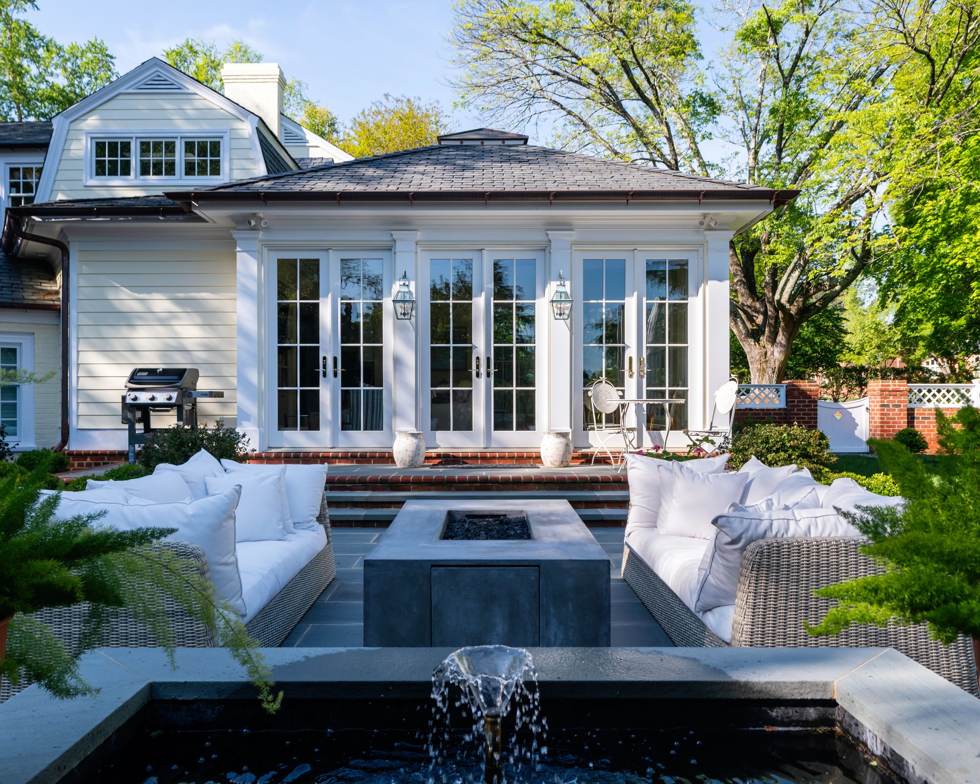 image of a sunken patio with a firepit 