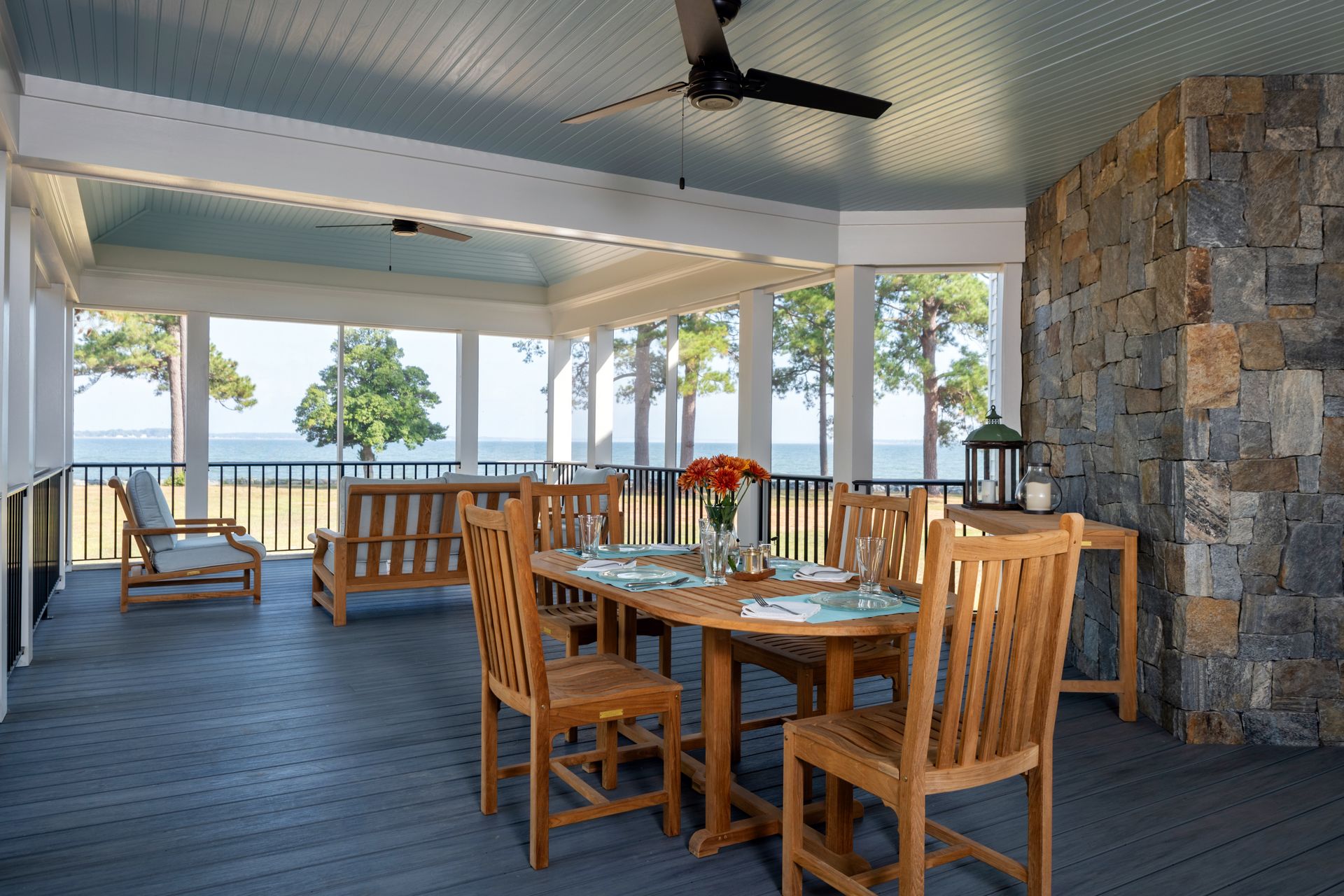 outdoor patio with lounge chairs and dining table