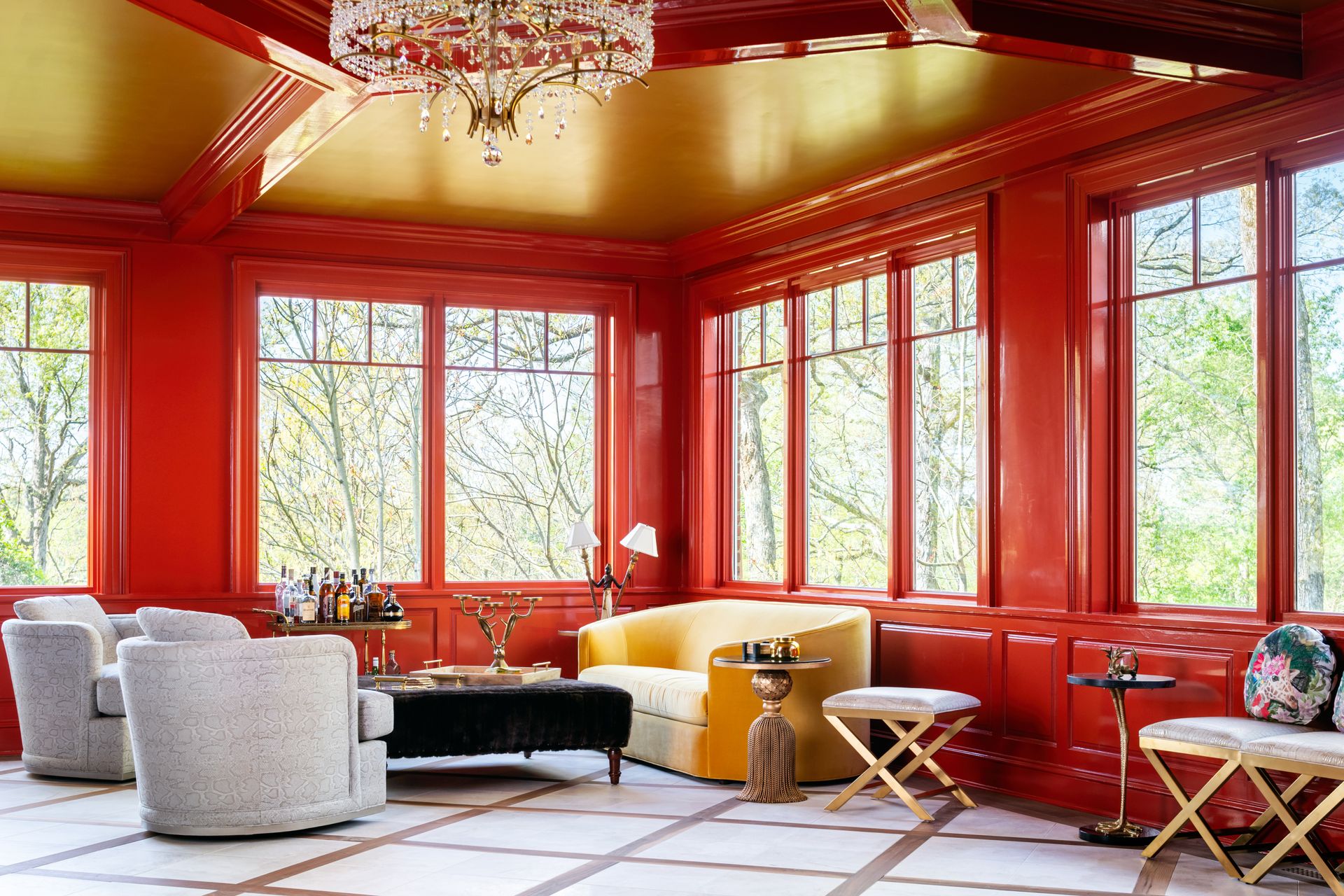 image of a living room with red walls