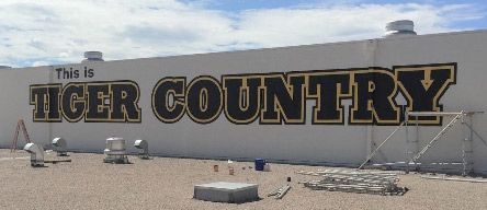 A tiger country sign is painted on the side of a building