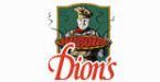 A logo for a restaurant called dion 's with a chef holding a plate of food.