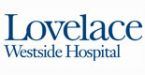 The logo for lovelace westside hospital is blue and white.