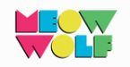 A colorful logo for meow wolf is on a white background.