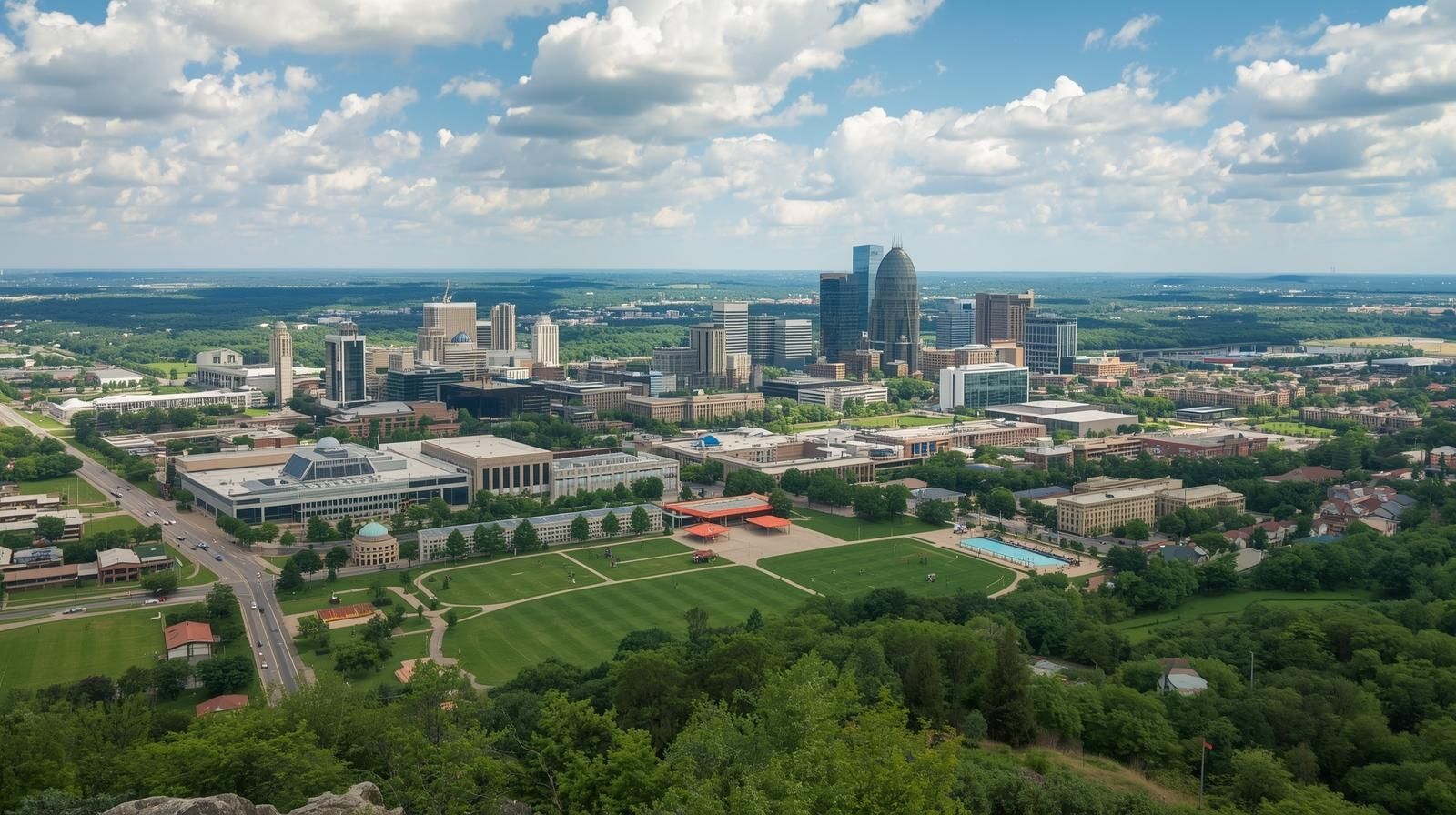 Skyline view of downtown Huntsville, Texas with green parks and blue sky.