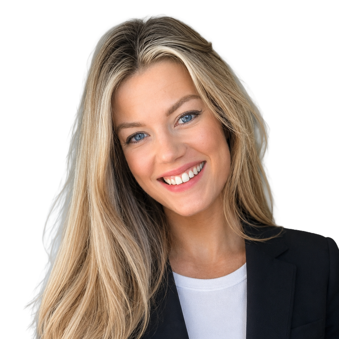 A woman with long blonde hair is wearing a floral shirt and smiling.