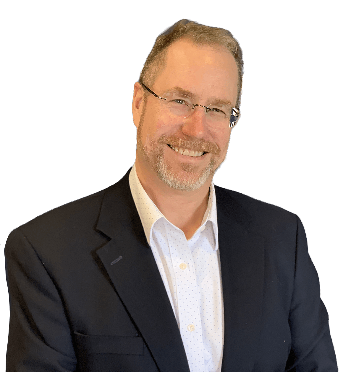 A man in a suit and glasses is smiling for the camera.