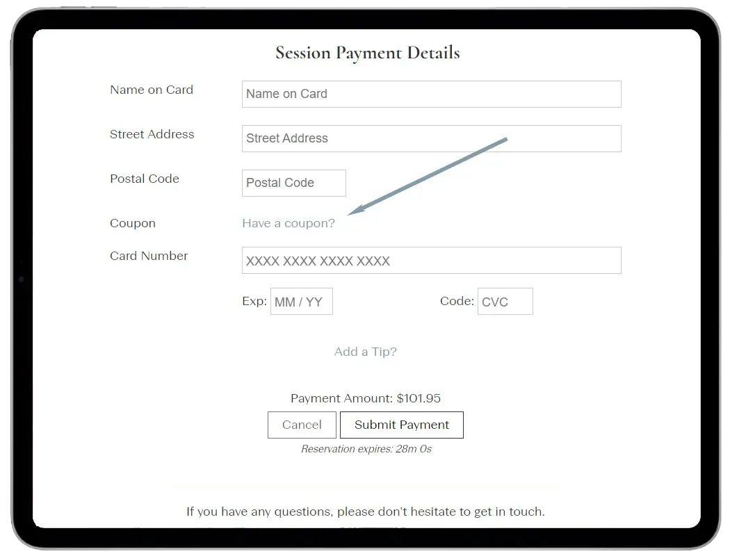 Tablet displaying a session payment details form. Fields include name, email, postcode, coupon, card number, expiry date, and a 