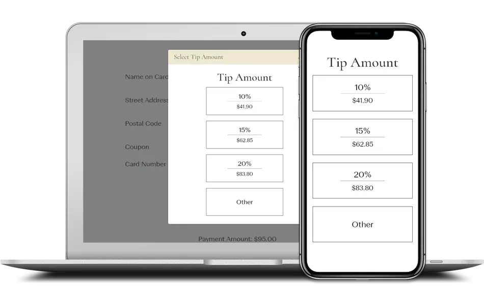 Laptop and phone displaying a tip calculator with percentage options, appearing as 10%, 15%, 20%, and 
