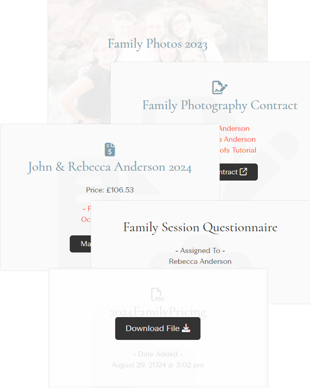 Family photography contract, questionnaire, and documents for John & Rebecca Anderson.