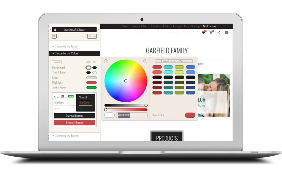 Laptop showing a website design interface with a color palette and design tools.