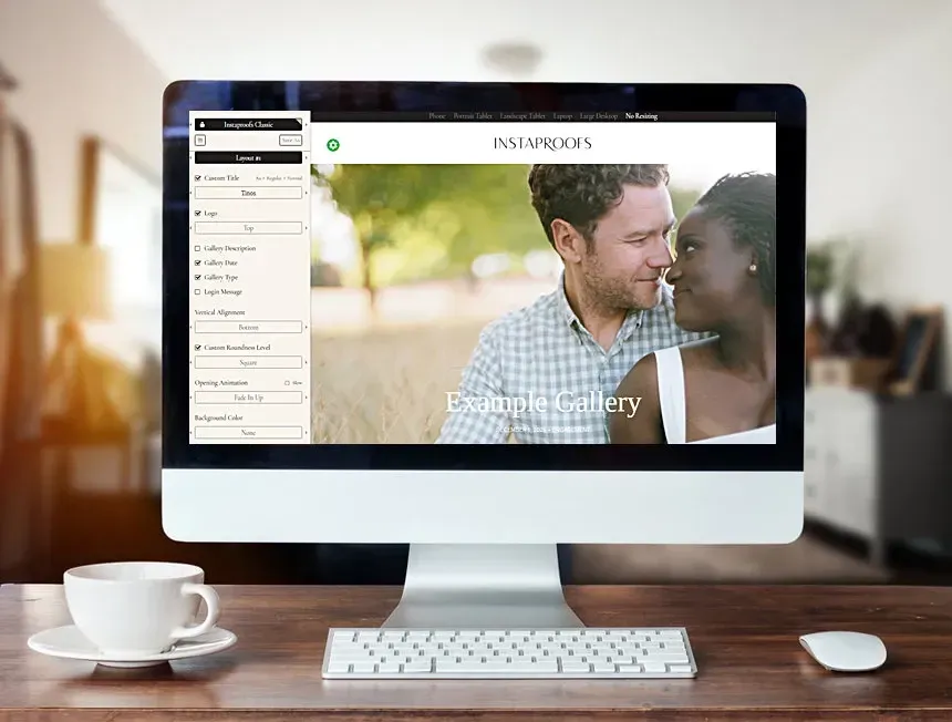 Computer screen displaying a website with a couple in a park. A cup and keyboard sit on a desk.