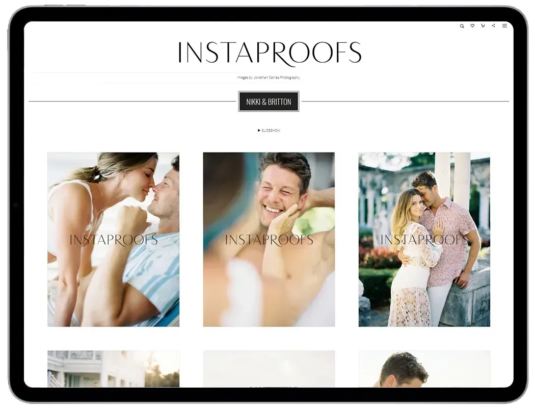 InstaProofs website on a tablet screen, displaying wedding or couple's photos.