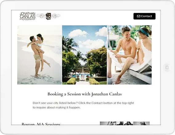 Website with three photos: couple at beach, resort view, couple by pool. 