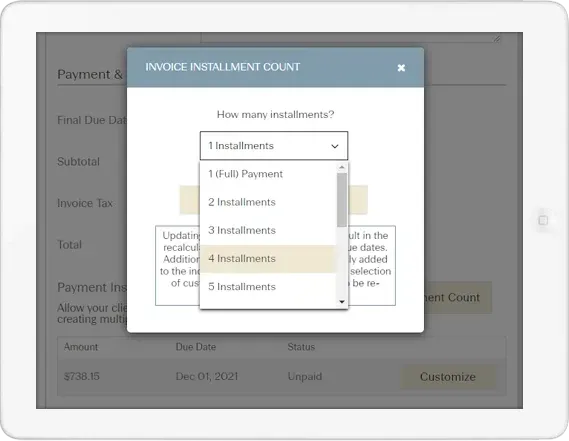 Tablet screen displaying an invoice with a popup for selecting the number of installments, with 