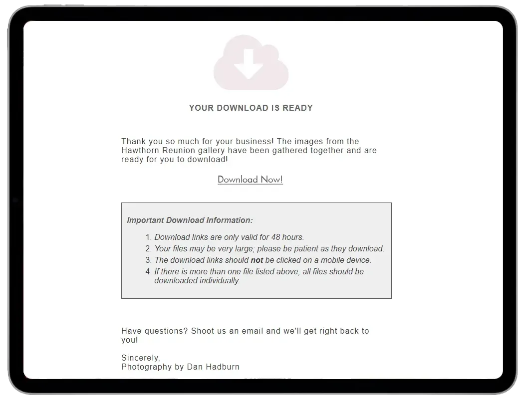 Tablet screen with document, download icon, and list of document details.