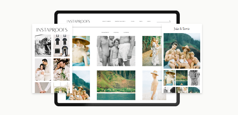 Tablet displaying a website with photo galleries. Photos feature people, landscapes, and products.