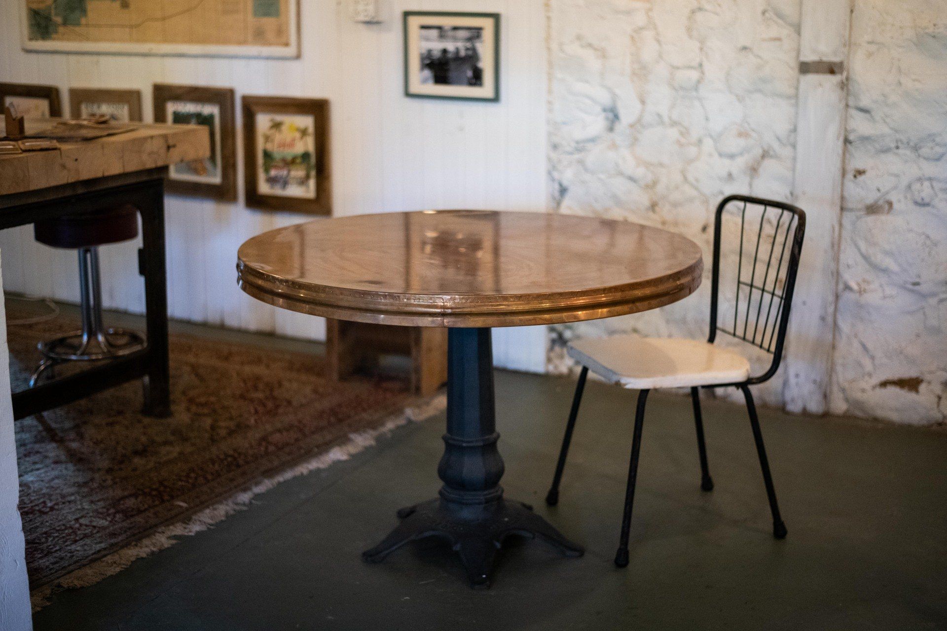 furniture, table,Round, round table, pedestal, copper, copper top, salvaged