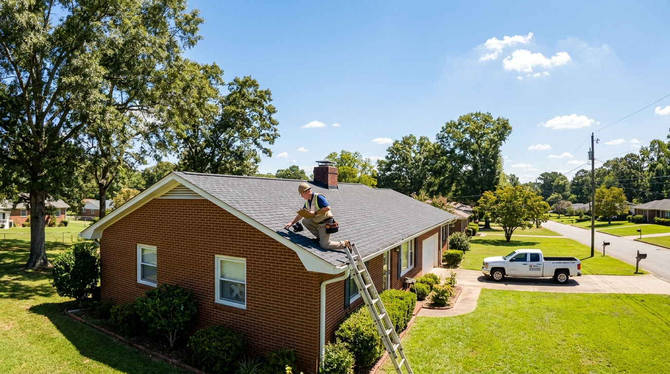 Brick house in a suburban Alabama neighborhood on a clear day, viewed from the front yard
