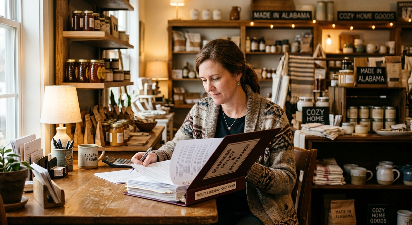 Small business owner reviewing insurance paperwork at a desk inside a bright Alabama storefront