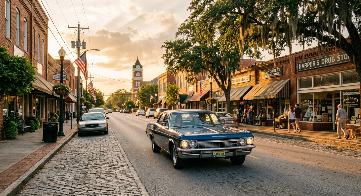 A sedan parked on a sunny street in Greenville, Alabama with a rural Butler County road visible in the background