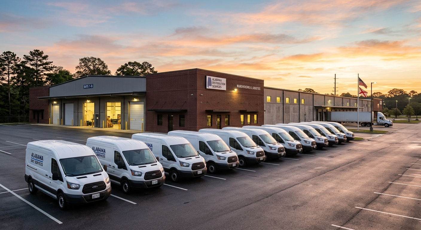 White commercial service truck parked outside a small business building on a sunny Alabama afternoon