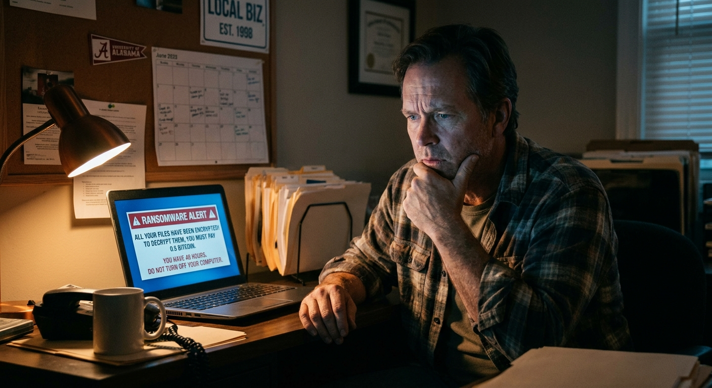 Small business owner reviewing a laptop screen showing a security alert in a retail store office in Alabama