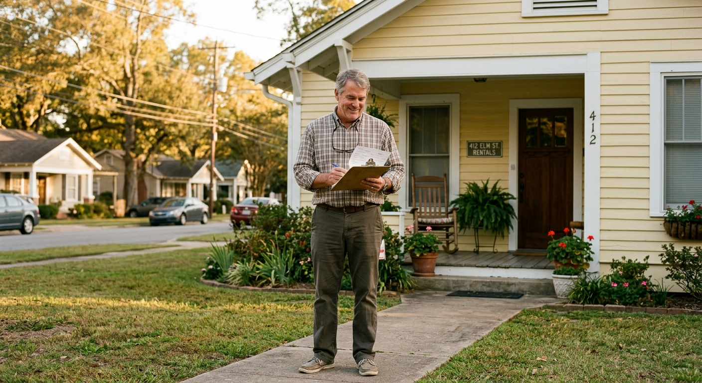 Exterior of a single-story Alabama rental house on a sunny day with a for-rent sign in the front yard