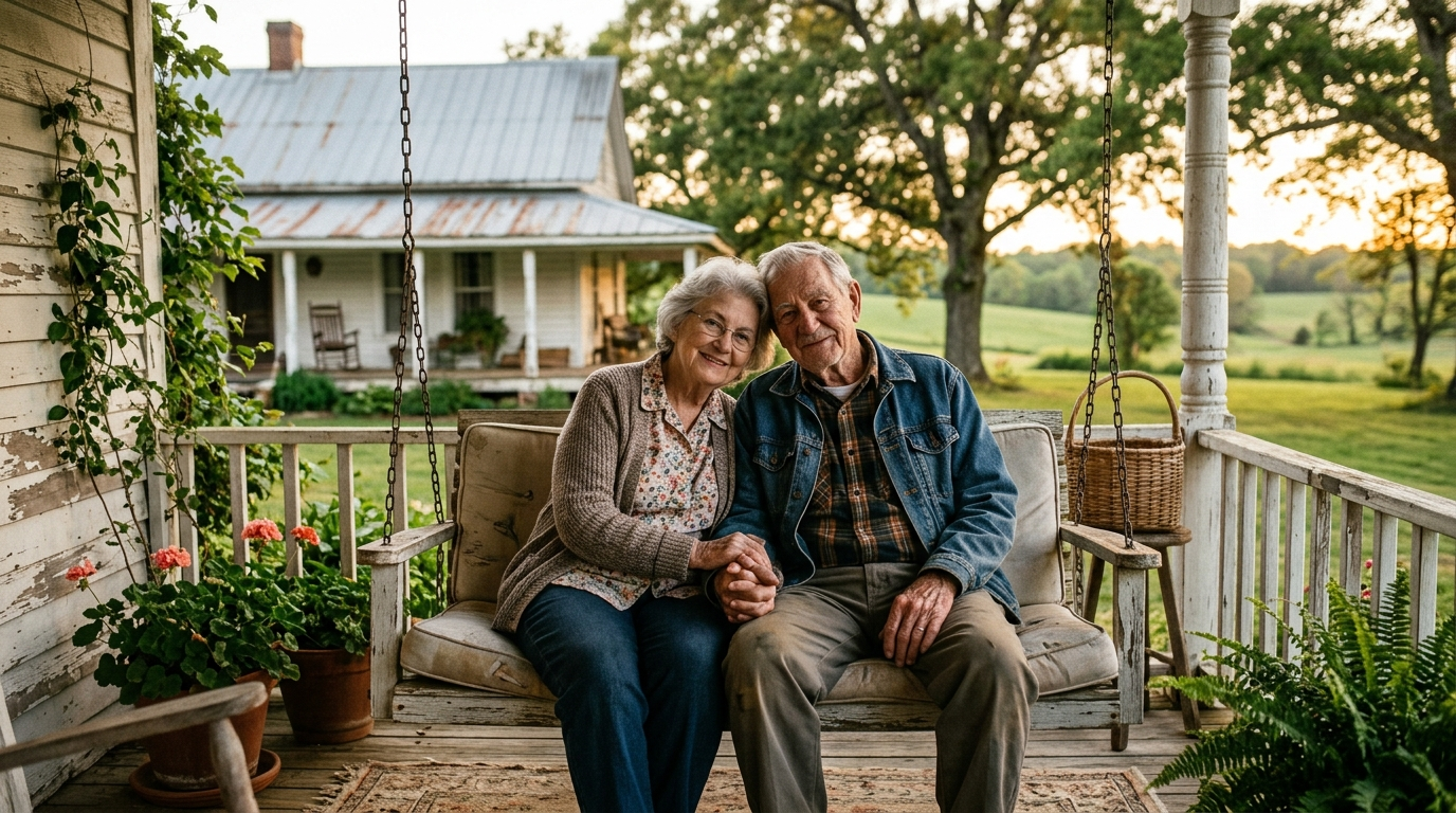 Elderly Alabama couple reviewing life insurance documents together at a kitchen table with afternoon light coming through