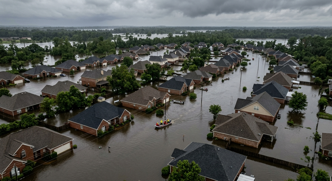 Flooded residential street in Alabama with water reaching front yards of suburban homes after heavy rainfall