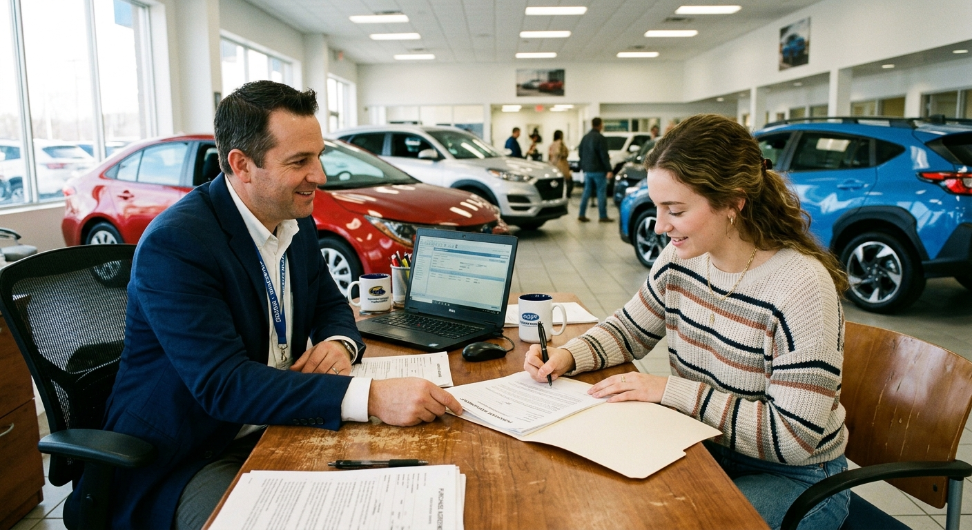 Alabama driver reviewing loan paperwork beside a new car at a dealership, sunlight through the showroom windows