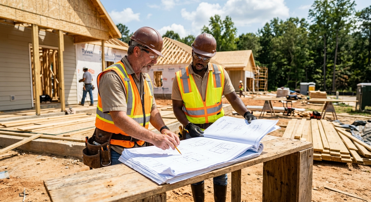 Alabama contractor reviewing insurance documents on a job site with a wood-frame building under construction in the